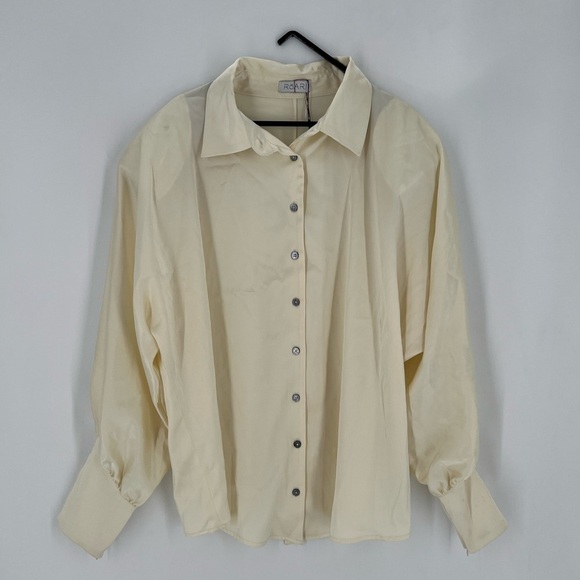 Roari Marna Satin Button Front Structured Shirt Blouse In Bone - Picture 2 of 10
